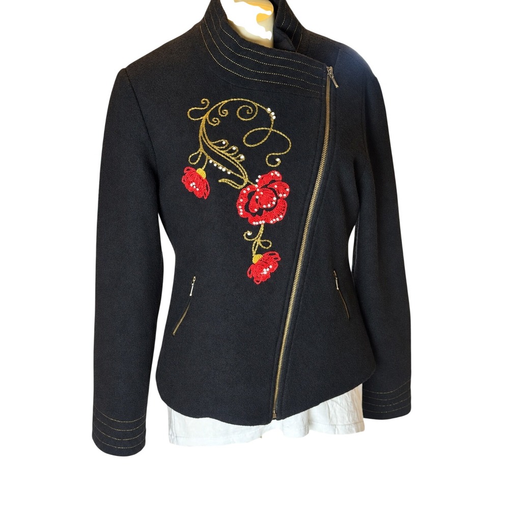 Icelandic Design Wool Blend Rose Embroidered Moto Jacket Y2K Goth Fairy Grunge L